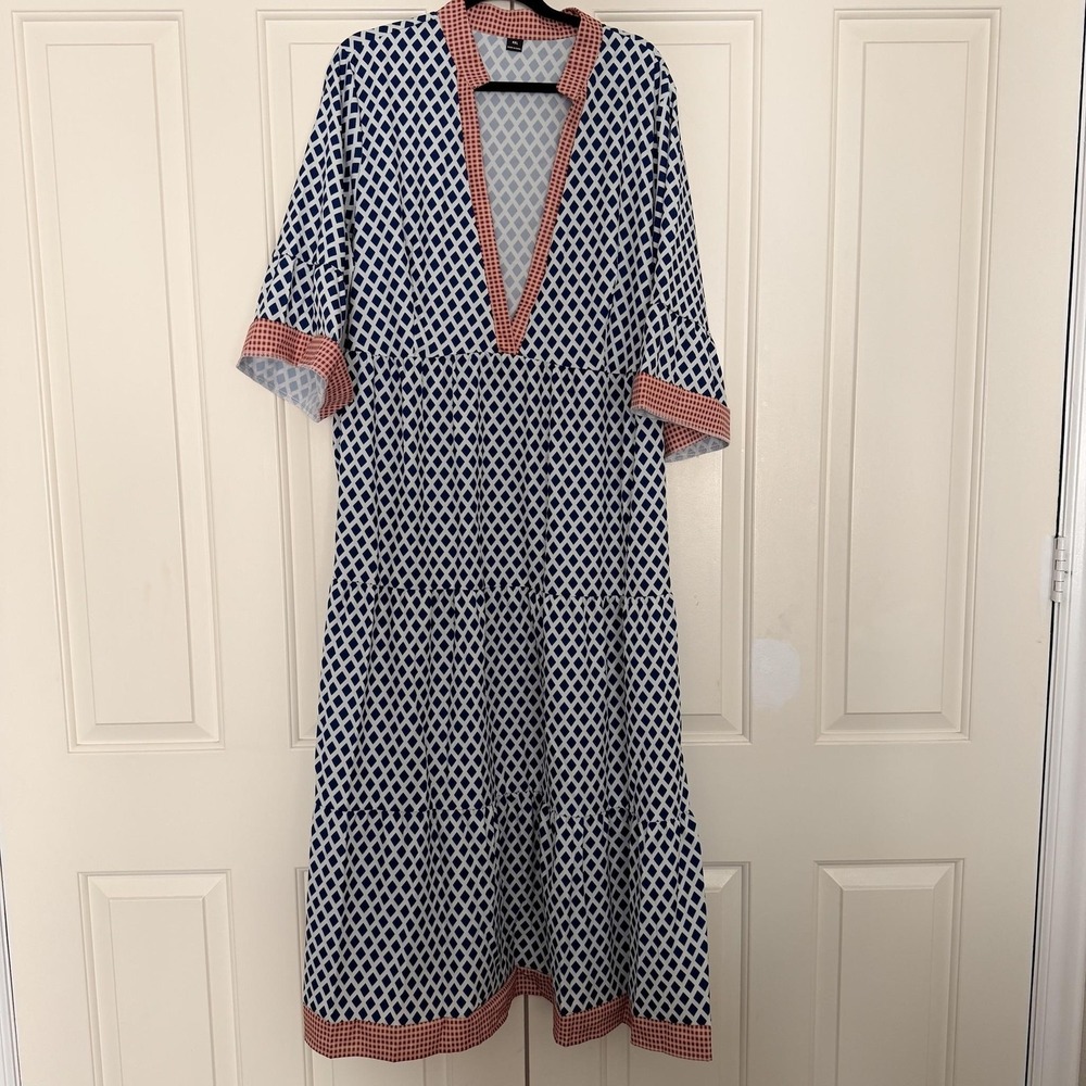 Shein Dress Womens 4XL Blue Geometric Kaftan Maxi V Neck 3/4 Bell Sleeve Boho